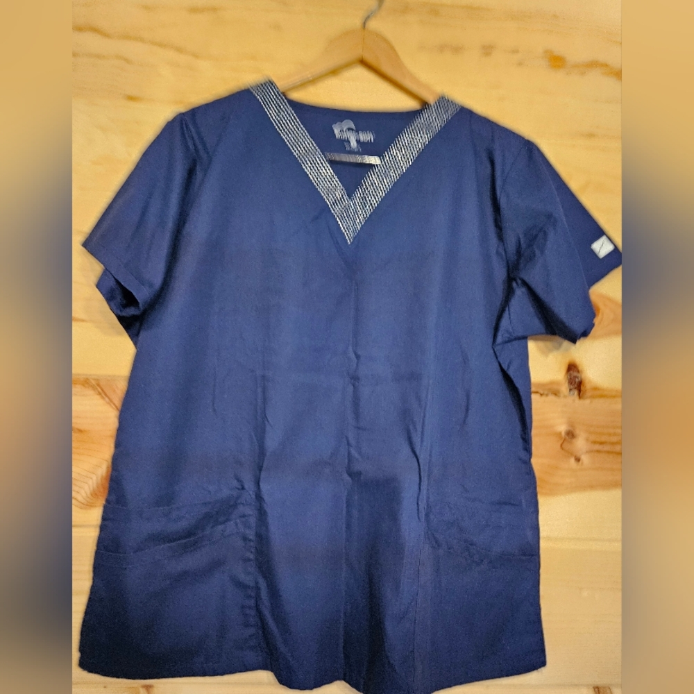 Buttersoft Navy Blue V-Neck Top With Silver Rhinestones Size L